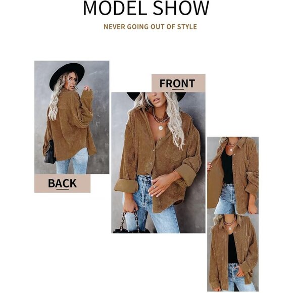 Women Brown Collared V Neck Button Down Oversized Long Sleeve Shirt Top - Picture 4 of 6
